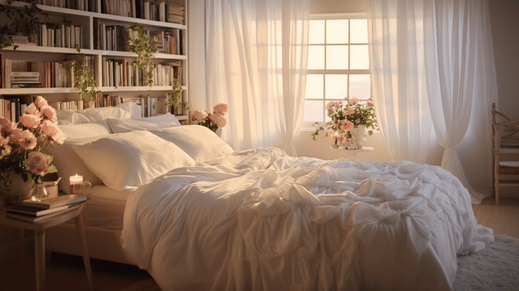A plush bed adorned with crisp white sheets and a fluffy comforter