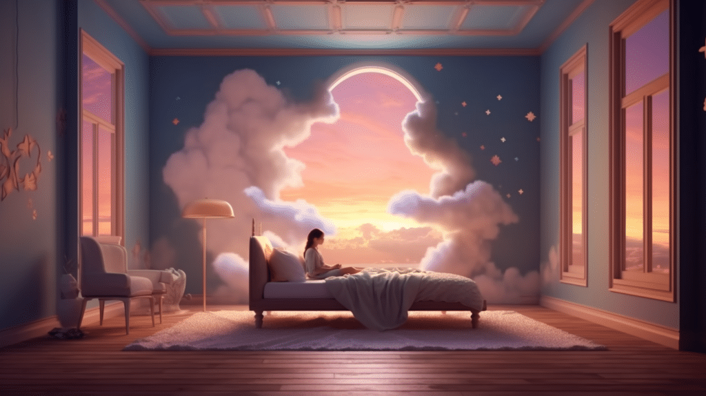 a serene bedroom with a woman peacefully sleeping on a cloud-like bed