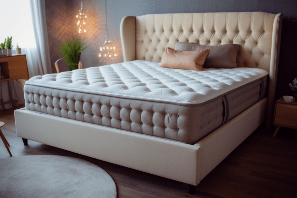 A picture of a hybrid mattress on a bed frame