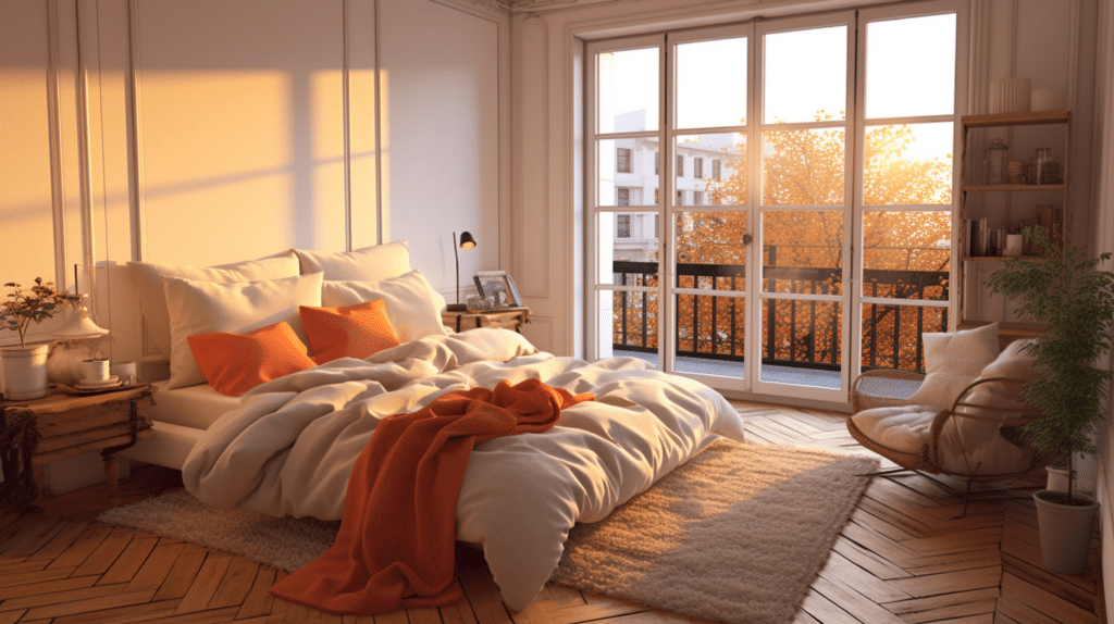 A sunlit bedroom with a cozy, unmade bed in the foreground