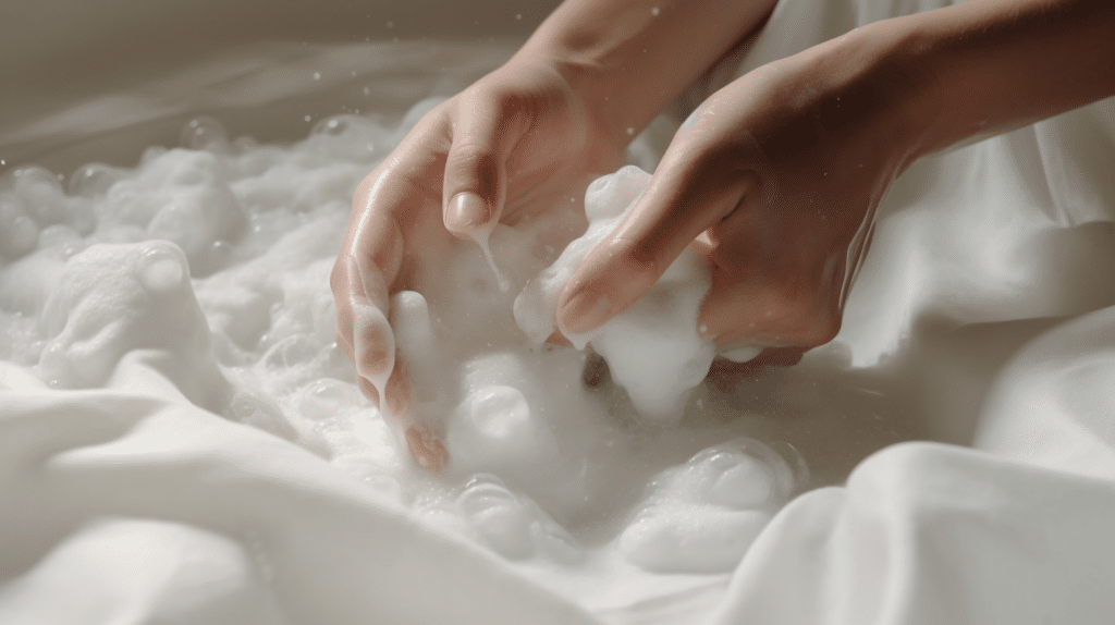 A fluffy comforter being gently hand-washed in a tub of soapy water