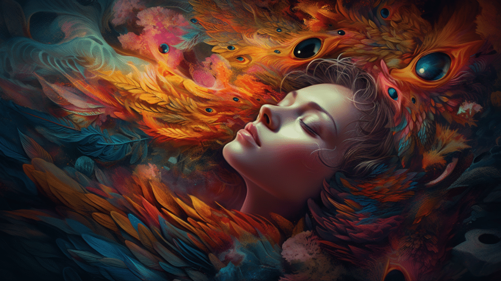 A woman sleeps among swirling colors and abstract shapes